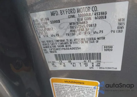 2005 Ford F-250 Lariat/Xl/Xlt из США, поврежденный, VIN 1FTSW21P65EA00254